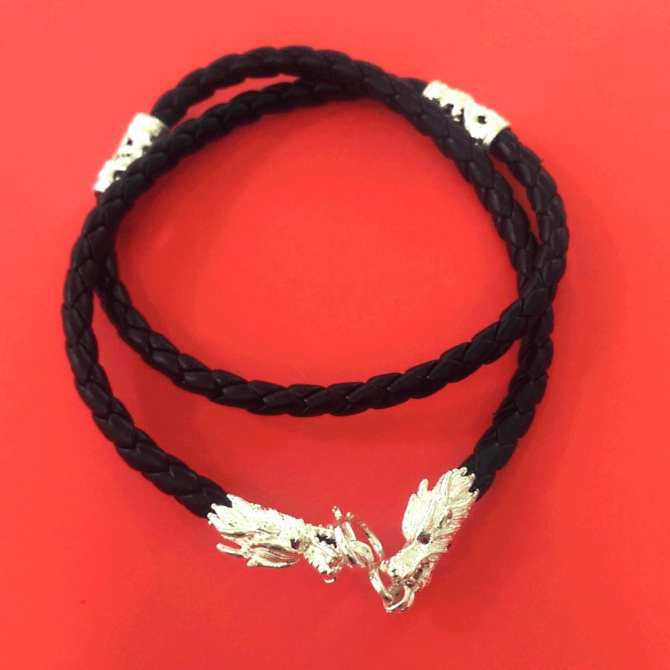 Dây da bện bọc đầu rồng bạc cho nam