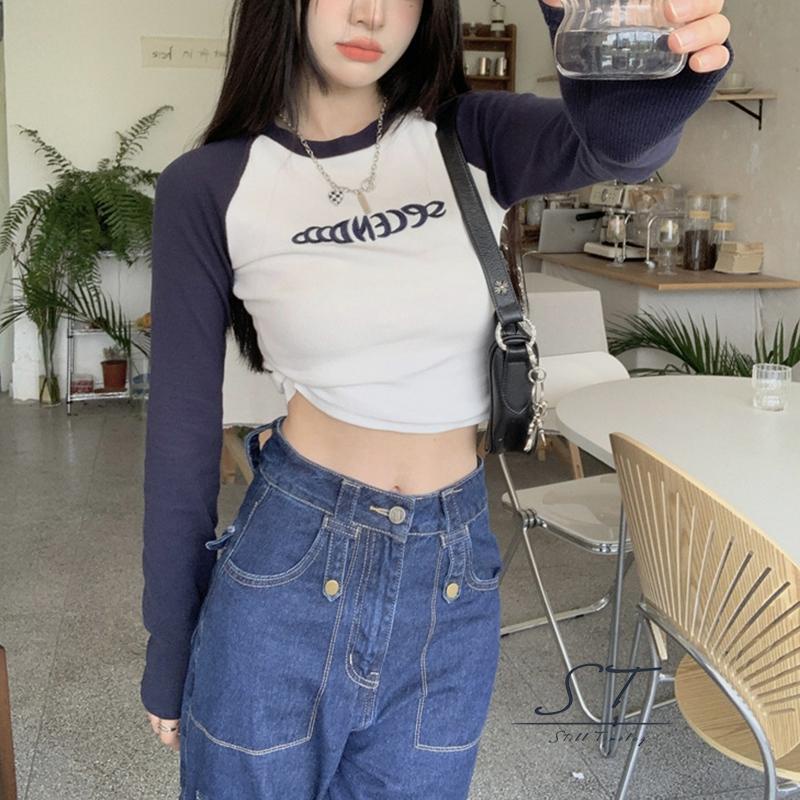 Áo Thun Croptop Dệt Kim Tay Dài Cổ Tròn In Chữ Màu Sắc Thời Trang Đường Phố Cho Nữ CY03