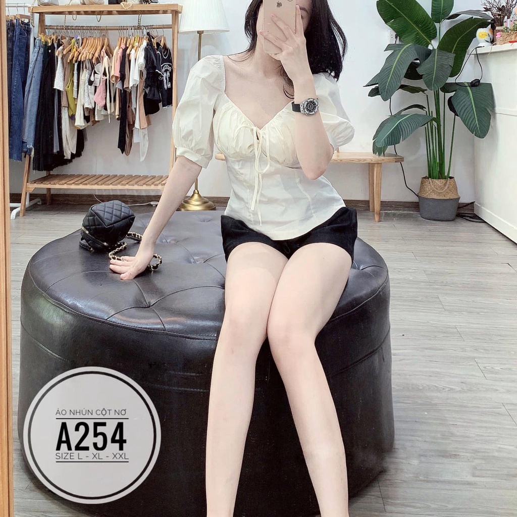 (60-90KG) BIGSIZE Áo nhún cột nơ A254  Chất liệu: vải chéo dày&lt;br&gt;Màu sắc: trắng - nâu