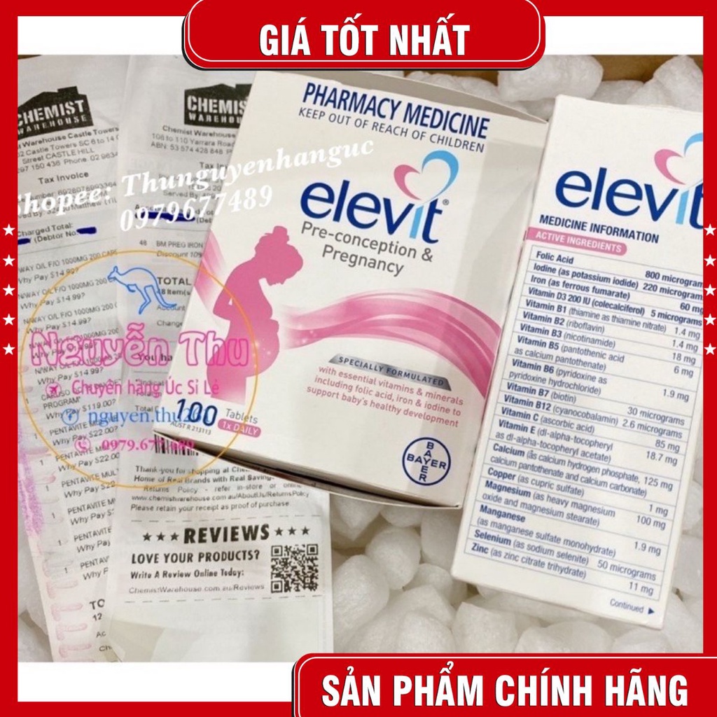 Elevit Bầu Úc, Vitamin Tổng Hợp Elevit - 100v (Đủ Tem Chip Từ Chemist, Bill Ảnh Sau) (Hàng Chính Hãng)