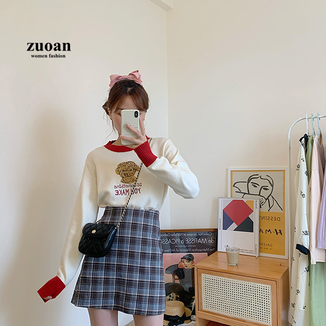 Áo dệt kim nữ SUXI dài tay cổ tròn thời trang hàn