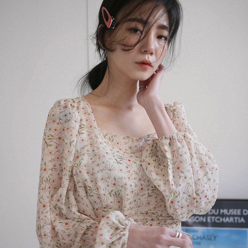 Váy hoa nhí cổ vuông dáng dài Dress Vintage Hàn Quốc (ORDER)- Có ảnh thật - Có ảnh thật