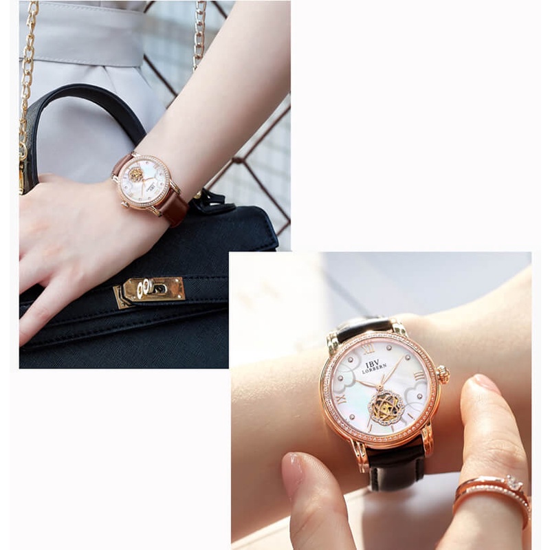 Đồng hồ nữ chính hãng LORBERN IBV6806-5 Kính sapphire ,chống xước,Chống nước ,BH 24 tháng,Máy cơ (Automatic) ,dây da nâu
