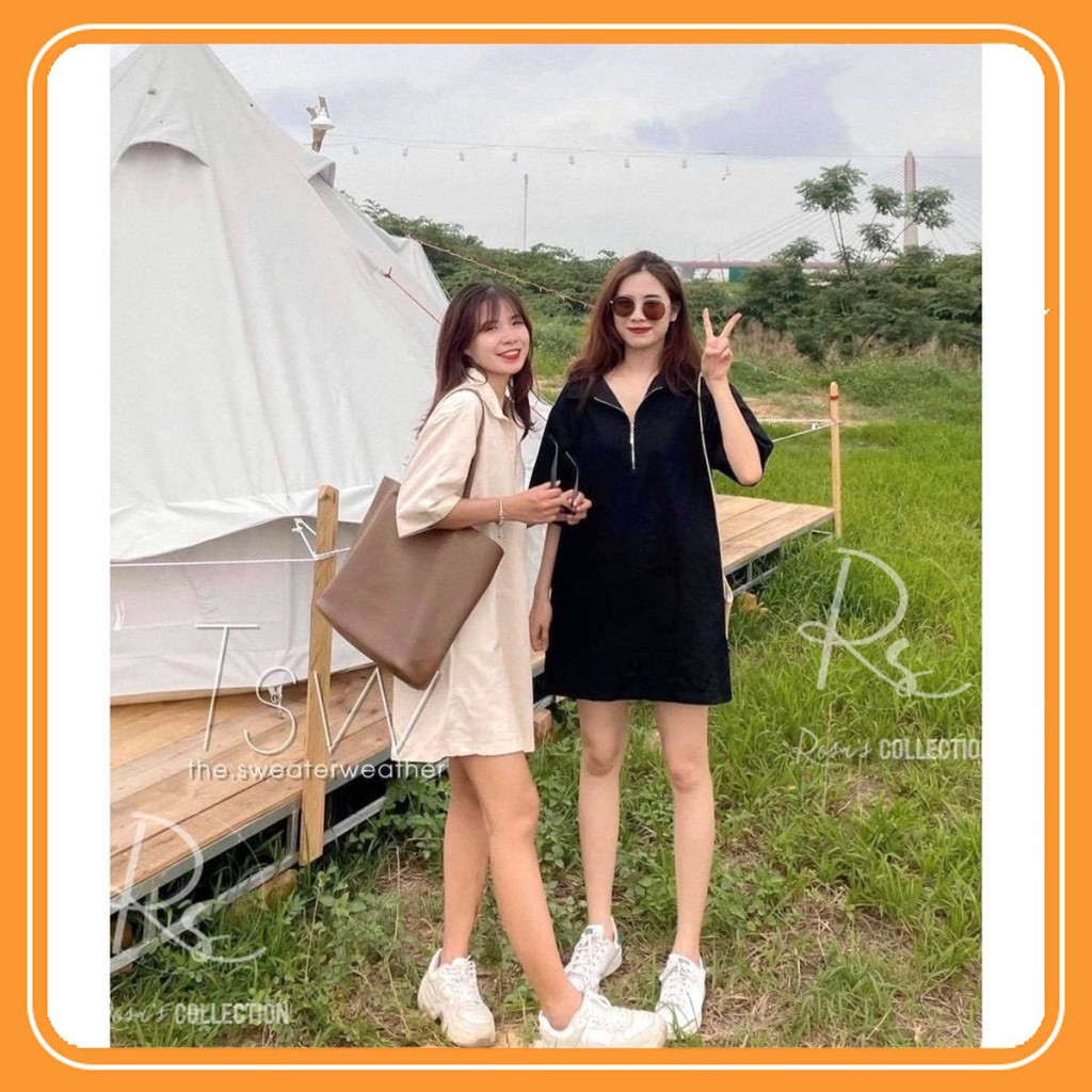 Váy Suông Kaki - Váy Phối Cổ Vuông Sơ Mi Khoá Zip Nữ - Freesize