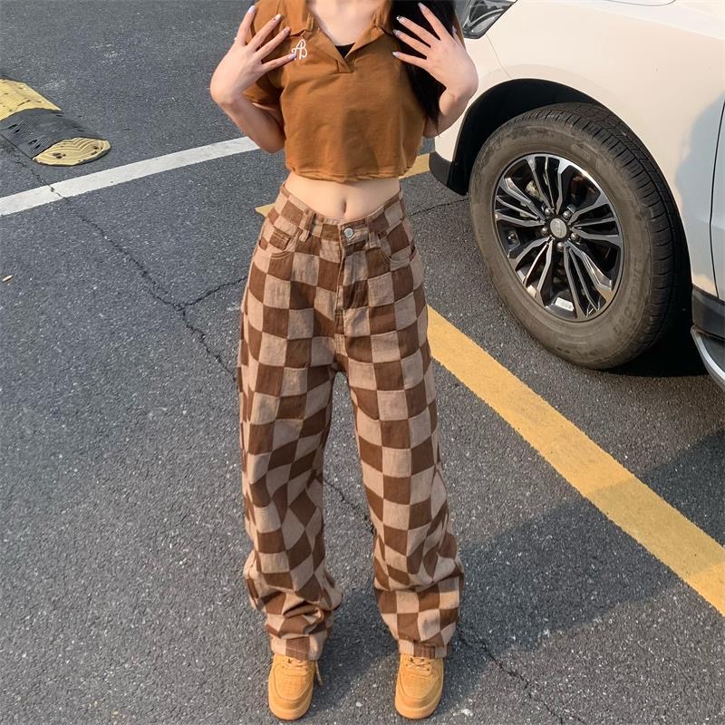Quần Jean Nữ Lưng Cao Ống Rộng Họa Tiết Caro Phong Cách retro Mỹ