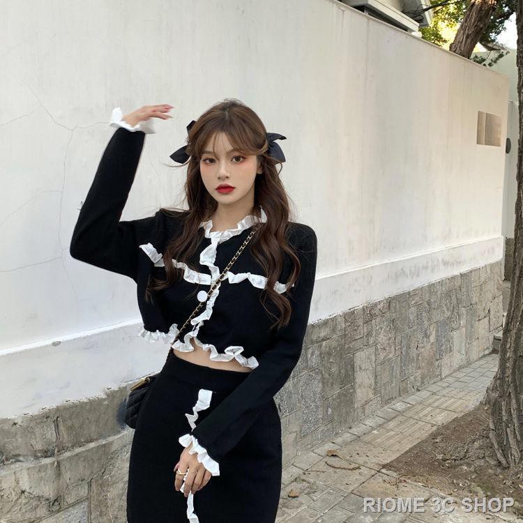 New spring style black contrast wood-ear knit sweater with long sleeves and short cardigan
