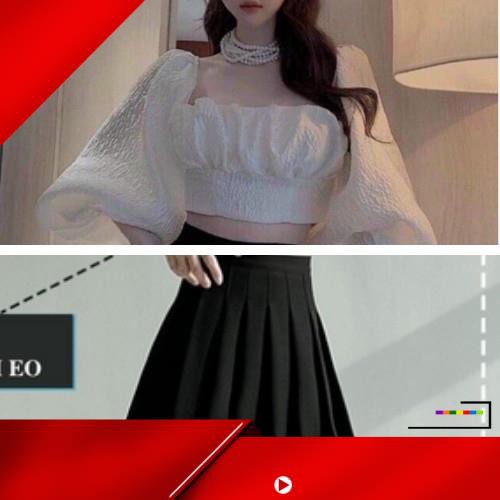 Set áo croptop chân váy tennis - Chân váy xếp ly + áo tiểu thư tay phồng cột nơ thời trang