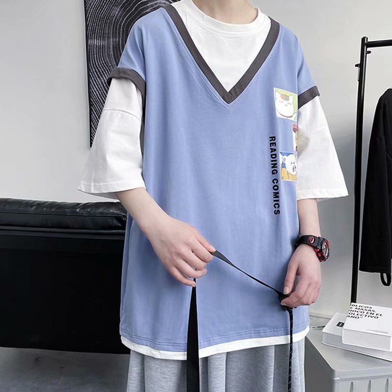 Áo Thun Ngắn Tay Giả Hai Lớp Phong Cách Hàn Quốc Dành Cho Nam