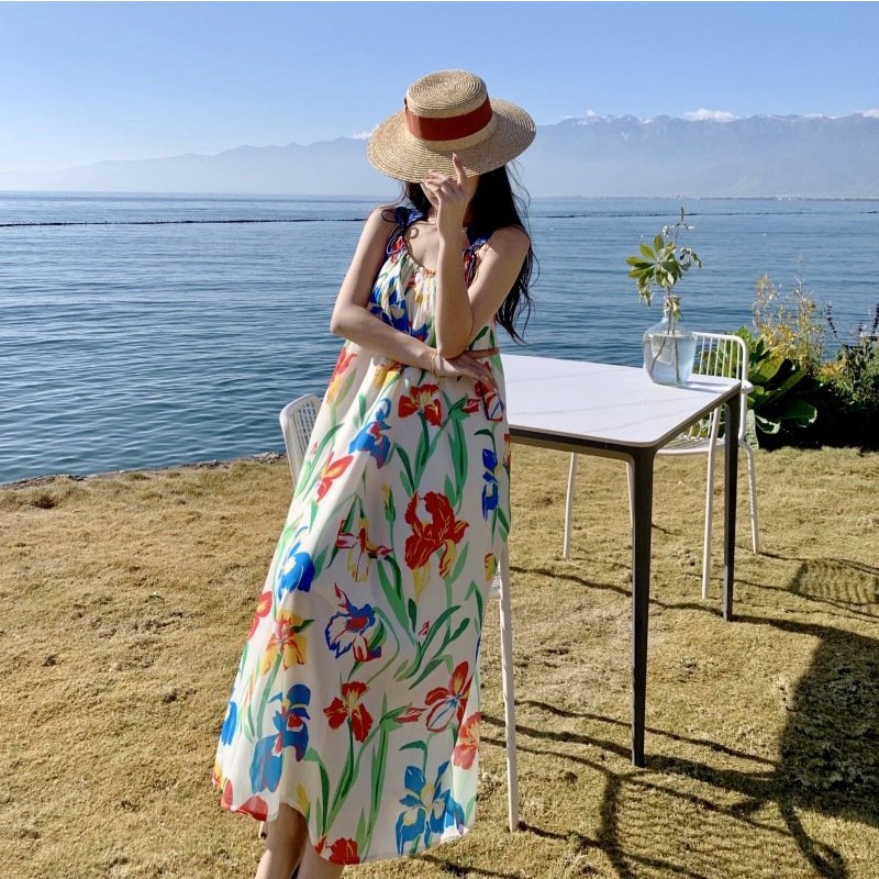 Váy đầm hoa maxi 2 dây đi biển đi chơi hở lưng dáng dài rộng bigsize bikini kiểu sang chảnh Hàn Quốc DK1T206