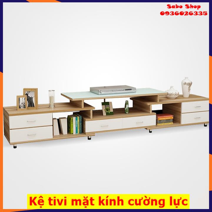 Kệ Tivi bằng gỗ lắp ghép 2 tầng 9 ngăn thiết kế hiện đại, tiện lợi, có thể thu gọn, mặt kính cường lực