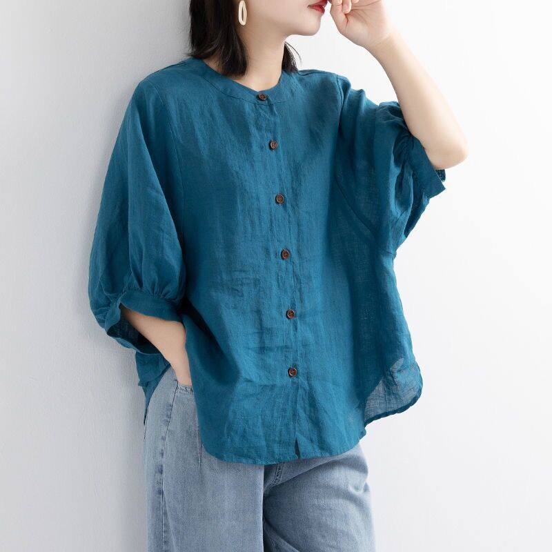 Áo Sơ Mi Tay Lửng Dáng Rộng Bằng Vải Cotton Lanh Thời Trang Mùa Hè 2020 Dành Cho Nữ