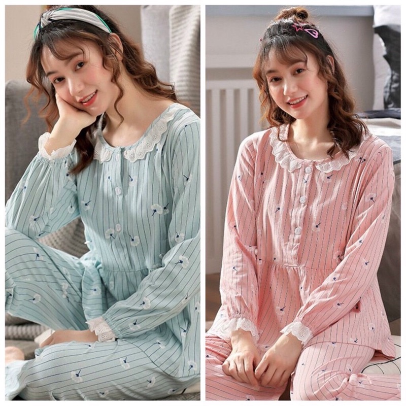 Bộ Bầu Kẻ Mặc Nhà Kết Hợp Sinh Hoa Ren Phong Cách Hàn Quốc