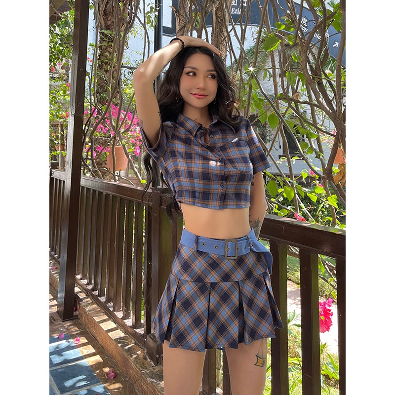 Set Áo Sơ Mi Ngắn + Chân Váy Xếp Ly Dáng Ôm Thời Trang Mùa Hè Hàng Mới Cho Nữ