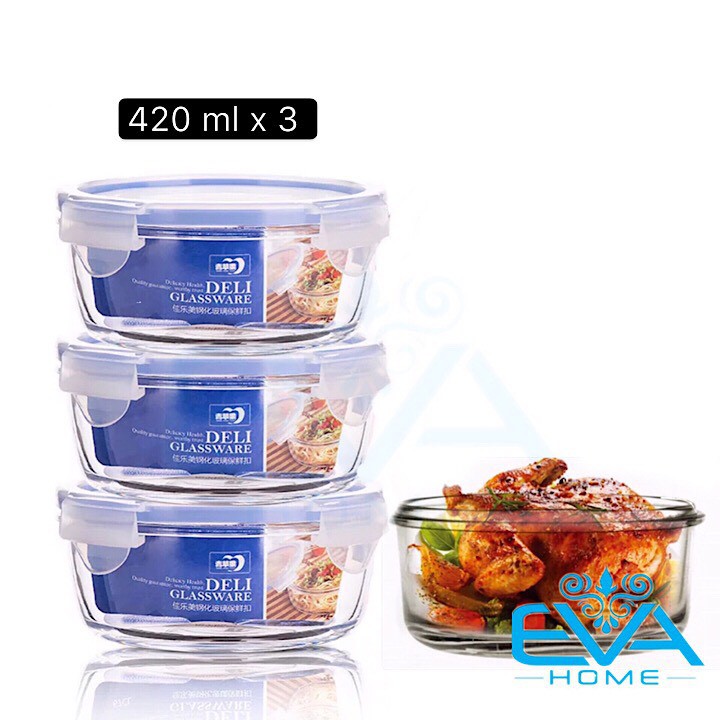 Bộ 3 Hộp Thủy Tinh Tròn Đựng Thực phẩm 420 ML Food Storage Glass Contaier