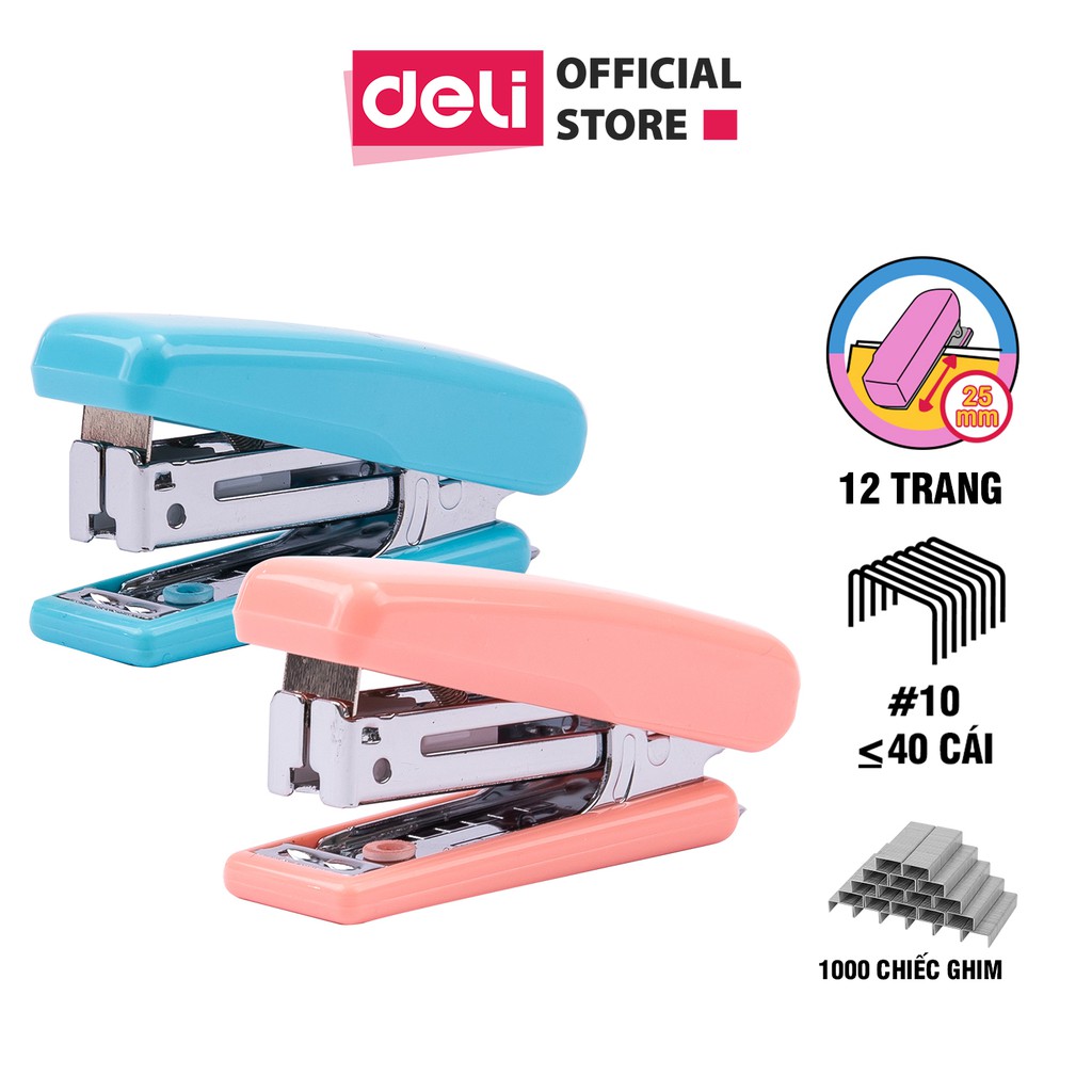 Dập ghim 10 Deli - Kèm 1000 ghim - Xanh, vàng, trắng, hồng - 1 cái E0254