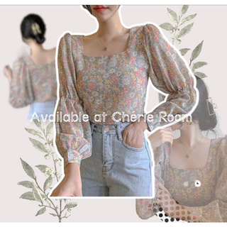 CHÉRIE ROOM (Có sẵn) Áo voan hoa tay dài chun cổ vuông tôn dáng style tiểu thư Ulzzang 2020