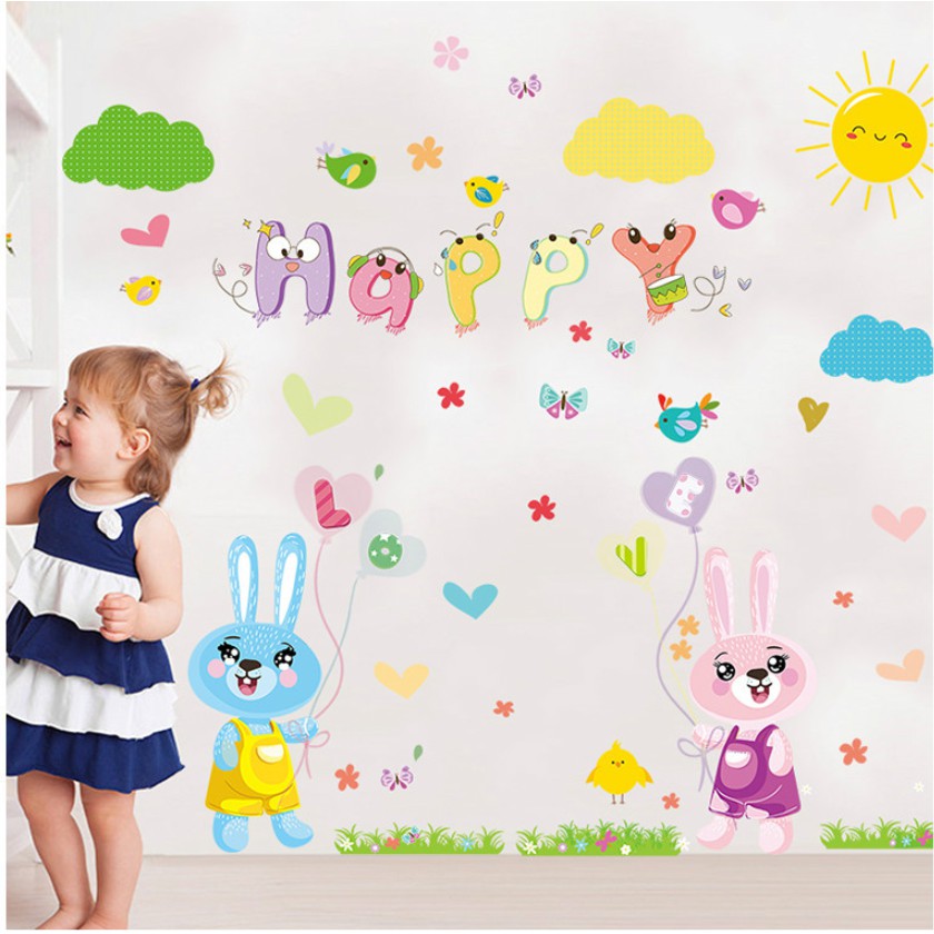 Decal dán tường - Thỏ sắc màu vui nhộn