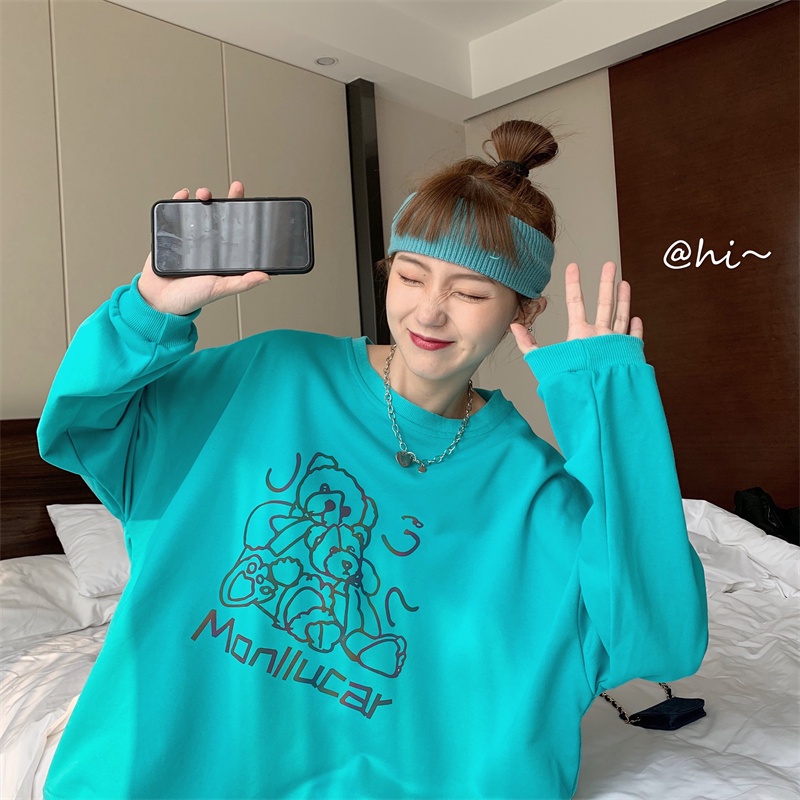 ZHELIHANGFEI Áo Sweater Tay Dài Cổ Tròn Form Rộng Họa Tiết In Theo Phong Cách Preppy Dễ Phối Đồ