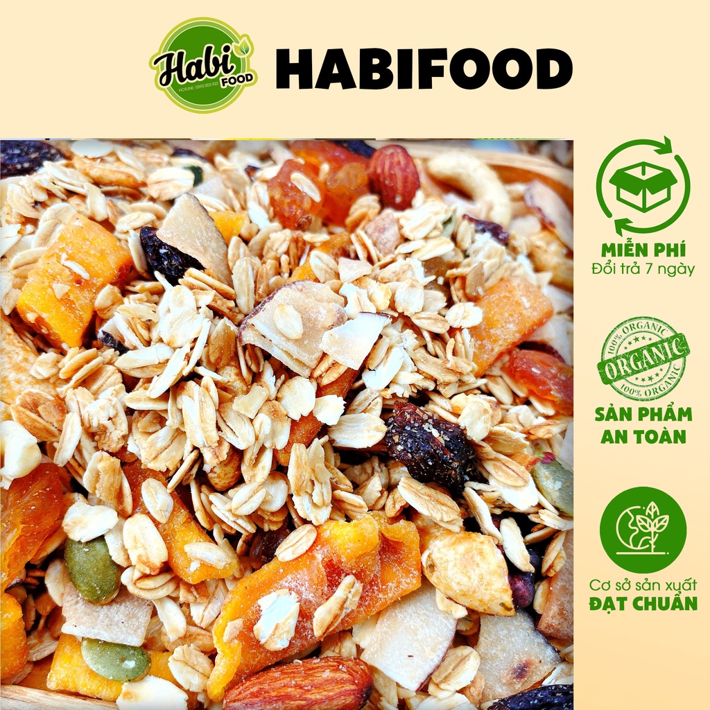 Granola 50% yến mạch HABI 4 vị mix 6 loại hạt với hoa quả sấy, Granola ăn kiêng