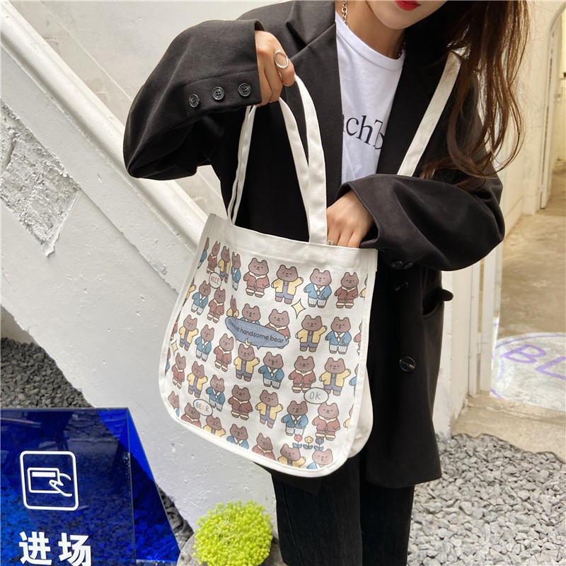 ẢNH TỰ CHỤP Túi tote túi vải canvas 2 quai đeo chéo hình gấu