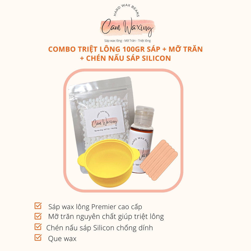 Combo Triệt Lông Vĩnh Viên Sáp Wax Lông Nóng Hard Wax Beans Và Chén Nấu Sáp Silicon Kèm Mỡ Trăn