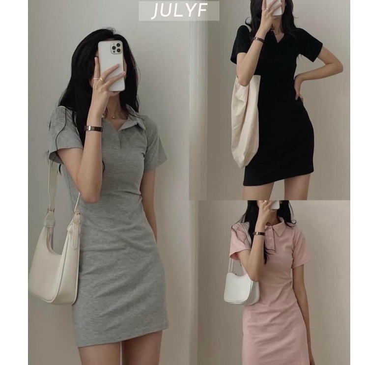 Váy polo pastel dáng ôm body - Đầm thun cổ bẻ cộc tay màu đen xám hồng phong cách hàn quốc đẹp ulzzang