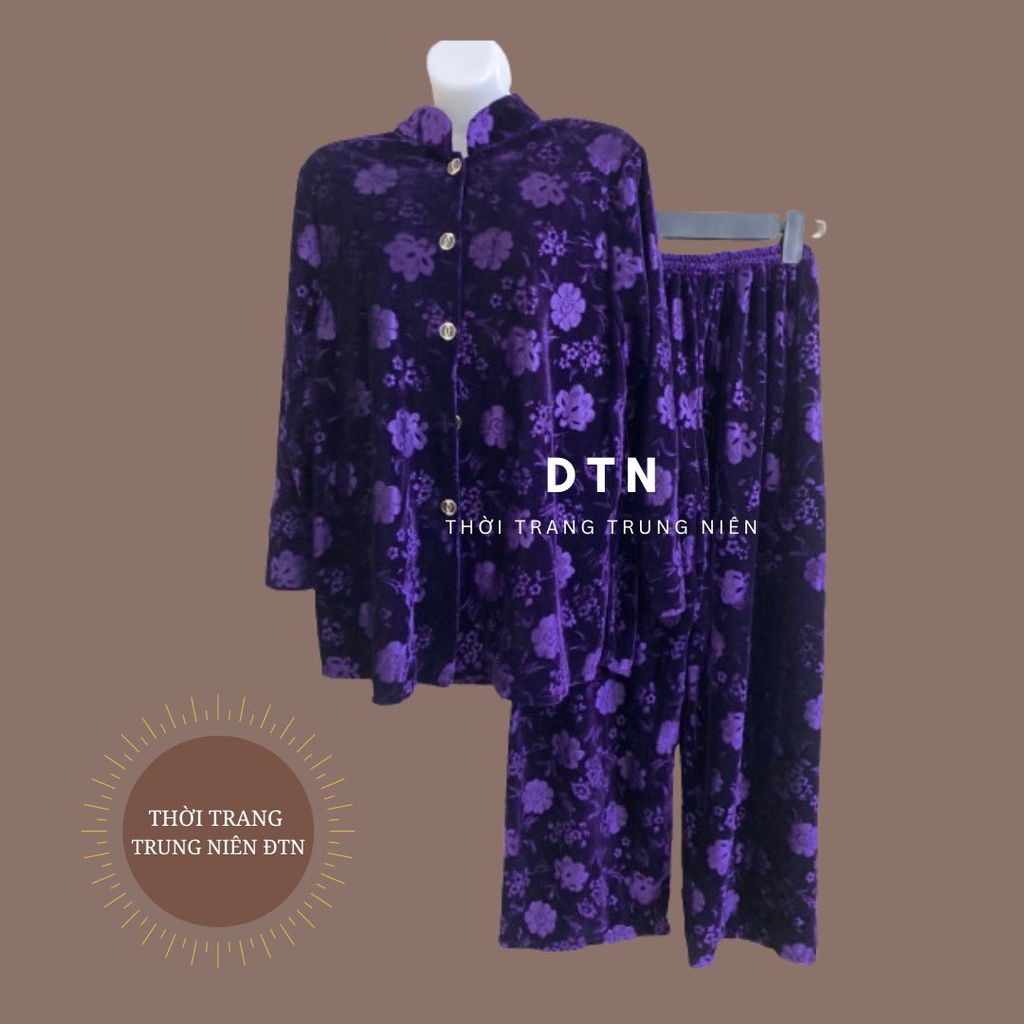 Bộ quần áo nhung cổ tàu dài tay người già thu đông, thời trang trung niên cho cao tuổi cho bà cho mẹ
