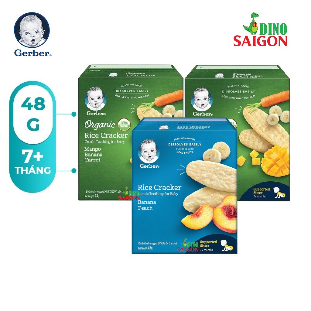 Combo 3 Hộp Bánh Gạo Ăn Dặm Gerber Organic 48g Gồm 2 Vị Xoài Chuối Cà Rốt Và 1 Vị Chuối Đào