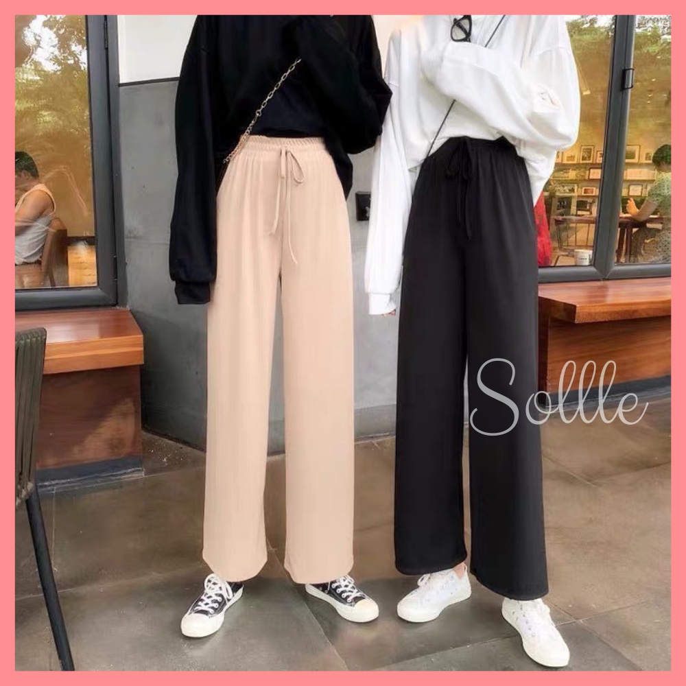 Quần len nữ ống suông rộng cạp chun culottes gân tăm free size chất mát Sollle
