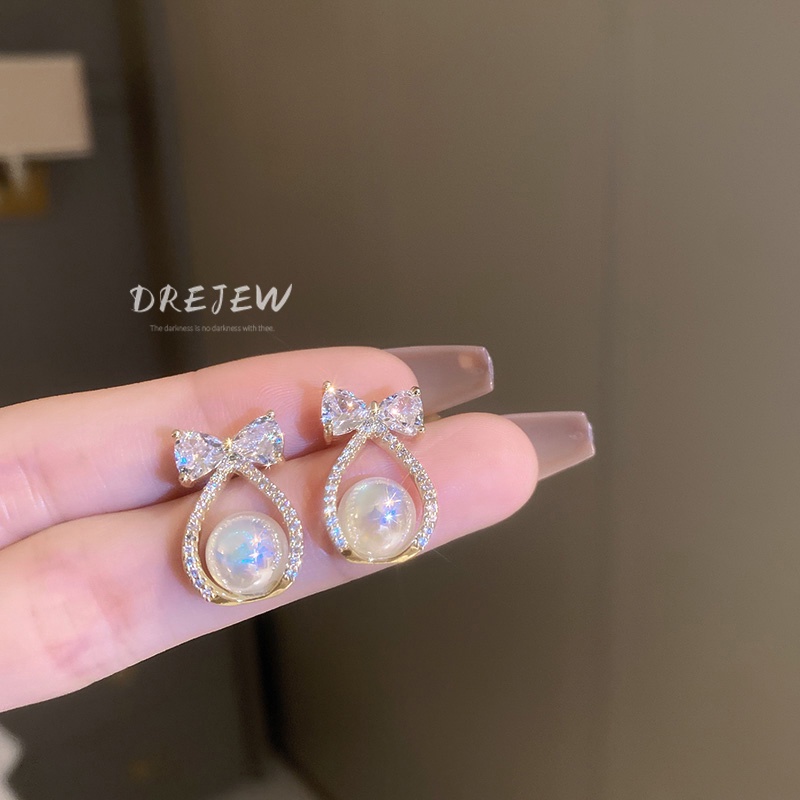 DREJEW Khuyên tai DREJEW 1 nơ đính đá phối ngọc trai thời trang sang trọng