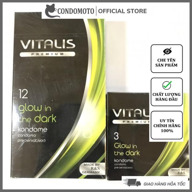 Bao cao su SIÊU MỎNG tăng KHOÁI CẢM kéo dài thời gian ok feel invisible. Bcs GAI BI lớn VITALIS  glow in the dark vàng