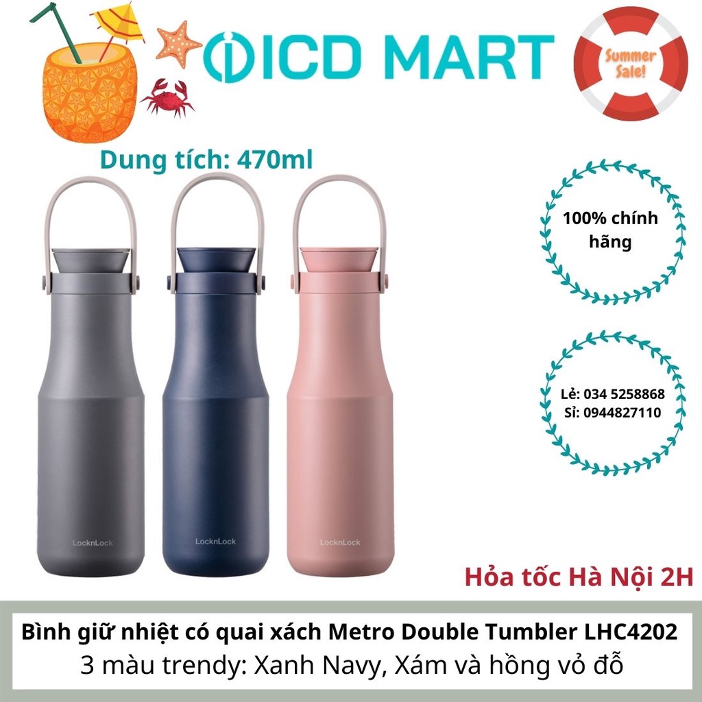 Bình giữ nhiệt Lock&amp;Lock Metro Double LHC4202, 470ml, có quai xách tiện dụng, sẵn 3 màu