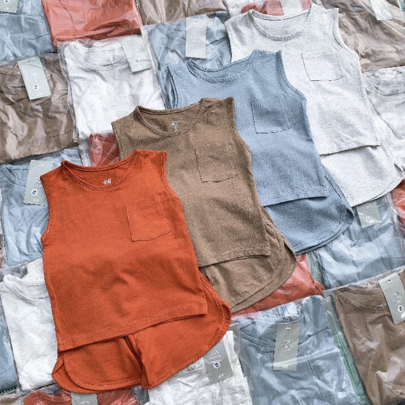 Đồ bộ sát nách trơn HM bé trai vải cotton dư xịn