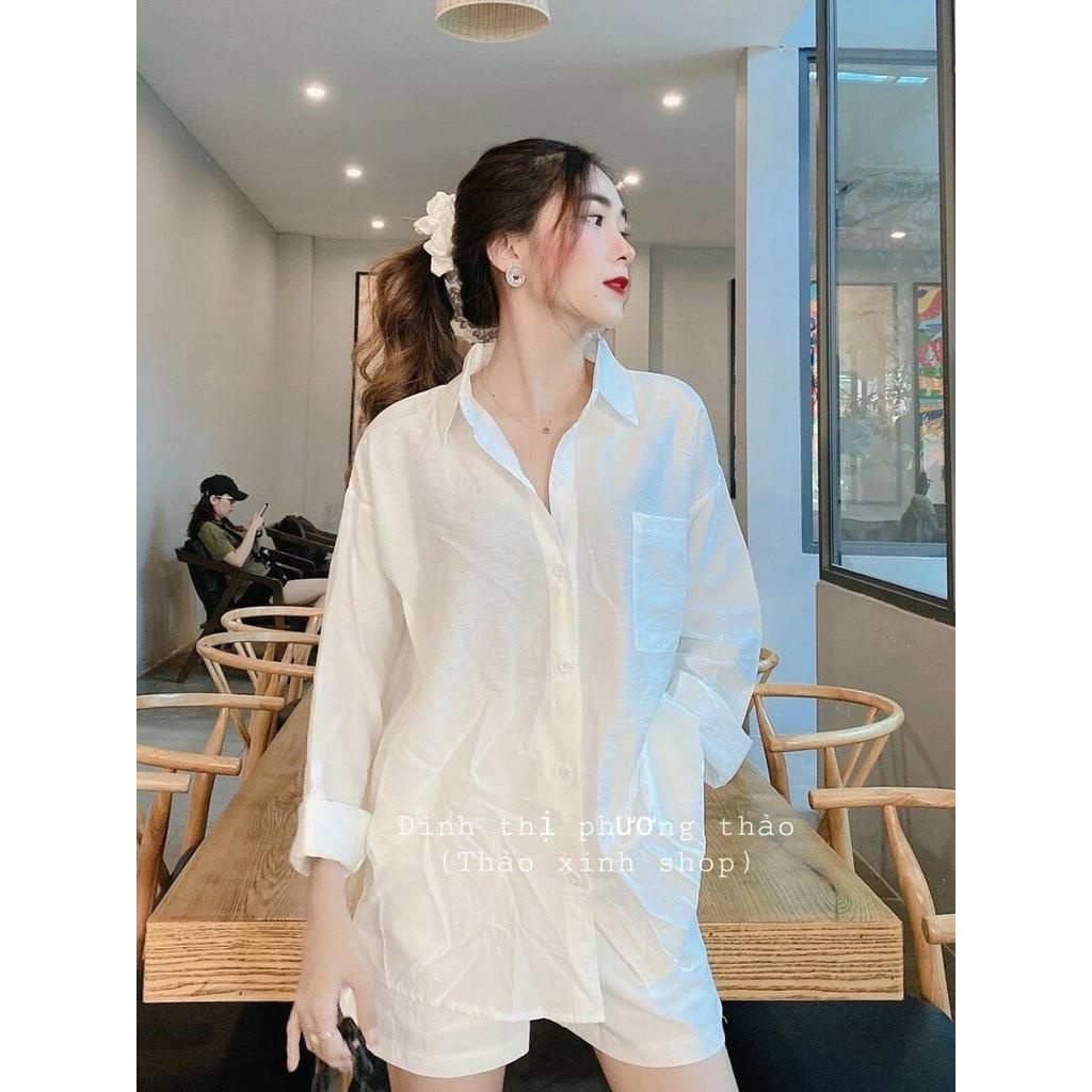 Bộ đũi cộc áo sơ mi thụng 1 túi trắng hàng đẹp