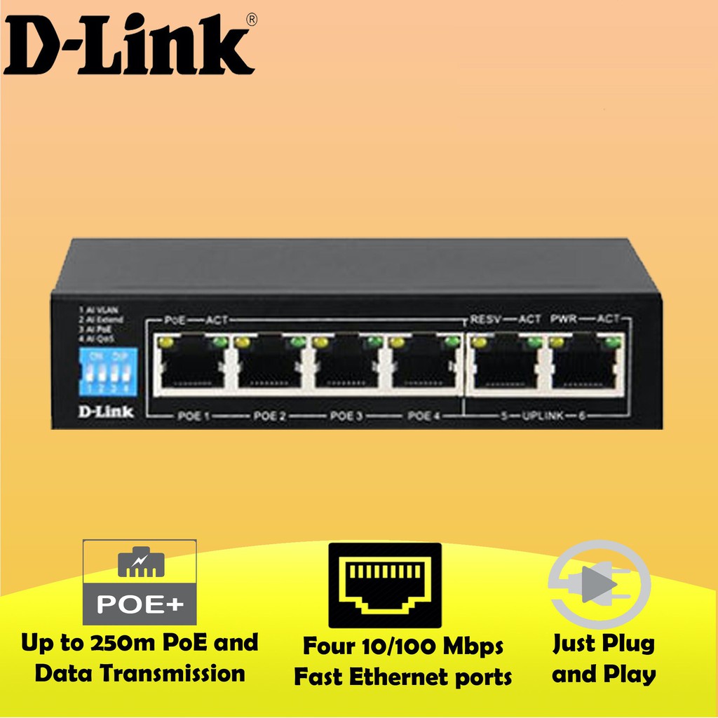 D-LINK DES-F1006P-E - Bộ chia cổng mạng 250M 6 cổng 10/100 (4 cổng PoE + 2 cổng uplink)