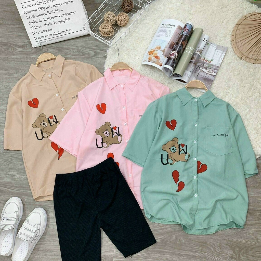 Set áo sơ mi from rộng in hình gấu phối quần legging,set bộ sơ mi tay lỡ thêu gấu tim quần thun ngố đi chơi mặc nhà cute
