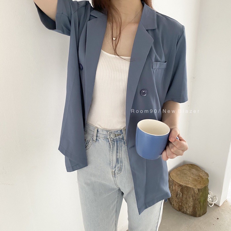 Blazer ngắn tay Hàn Quốc chất mỏng nhẹ mặc mùa hè - 3 mầu XANH/ ĐEN/ KEM 2160 | BigBuy360 - bigbuy360.vn