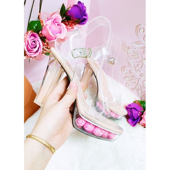 Giày đúp cao gót nữ đế bọc sơn quai trong đúp hoa hồng cao 11 phân