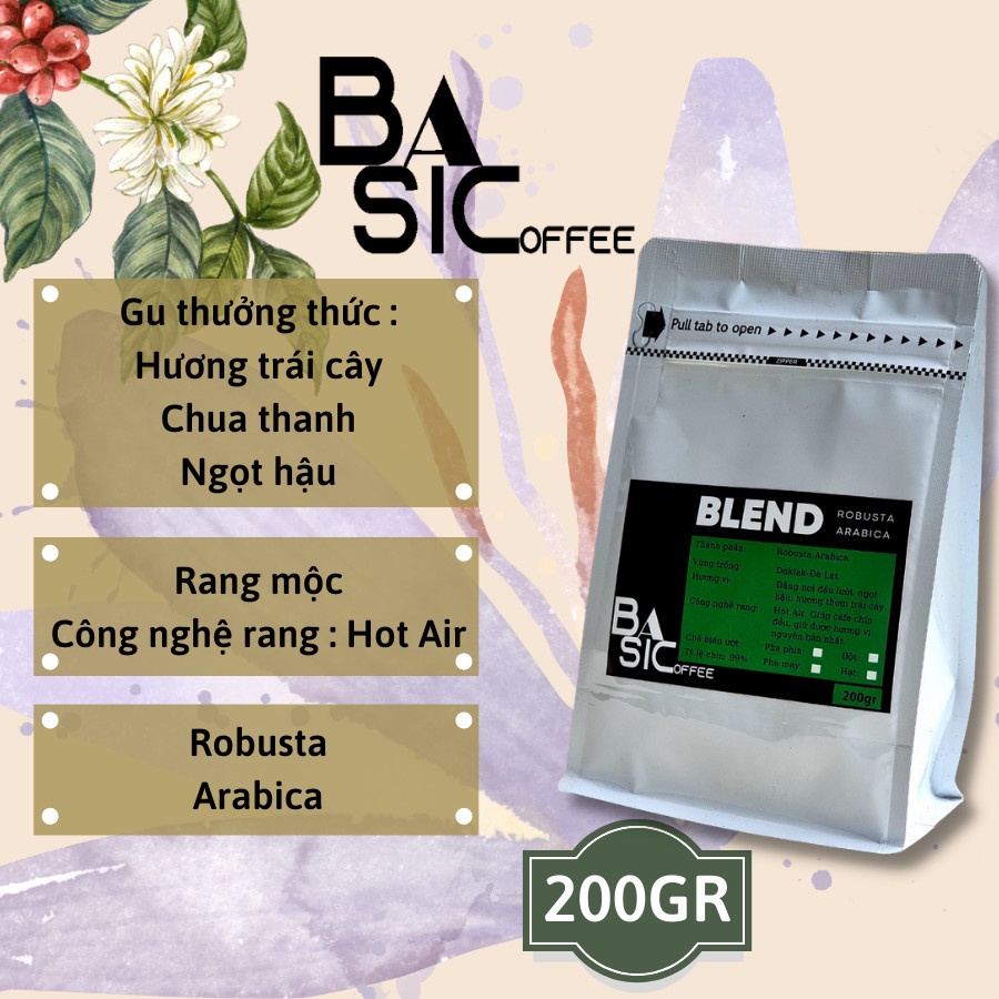 Cà Phê Nguyên Chất Rang Xay Mộc Blend Robusta Arabica Bassic Coffee Thơm Ngon Đậm Vị Cafe Sạch Dak Lak Gói Dùng Thử 200g