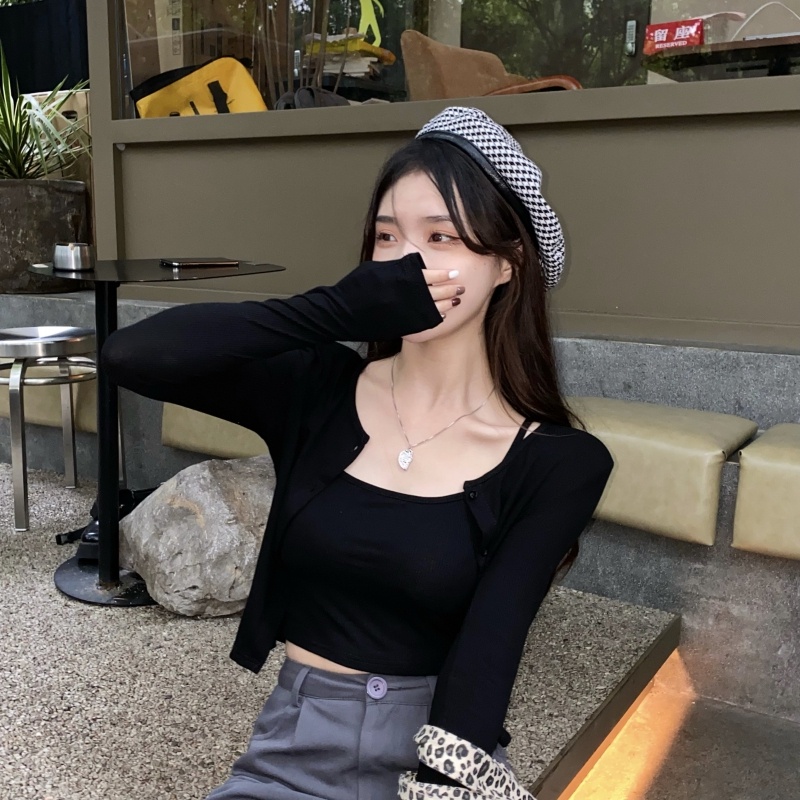 ZHELIHANGFEI Tên áo dài tay T - dây đeo áo hở lưng cao gợi cảm hai chiếc - bộ