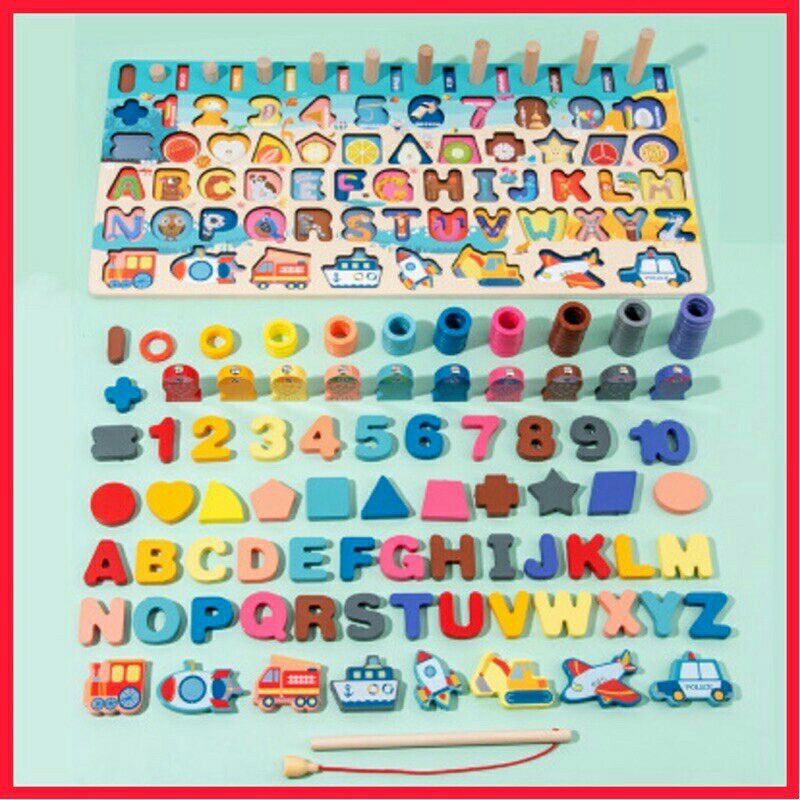 Bộ đồ chơi giáo cụ thông minh Montessori kết hợp ghép chữ số hình dạng nghề nghiệp con vật và câu cá gỗ