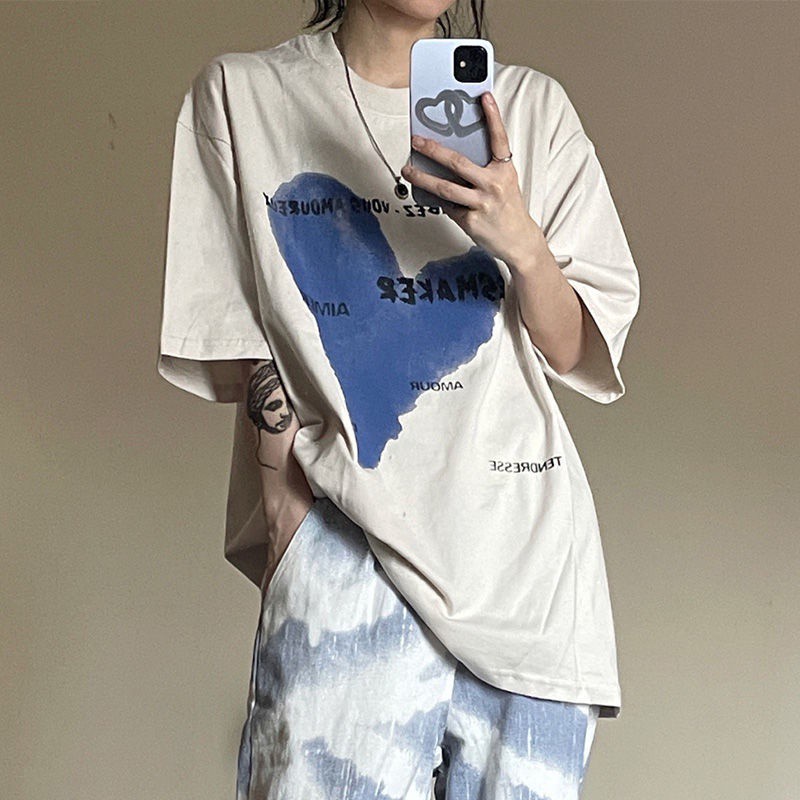 Áo thun tay ngắn dáng rộng bằng cotton nguyên chất in họa tiết phong cách Hàn Quốc thời trang mùa hè