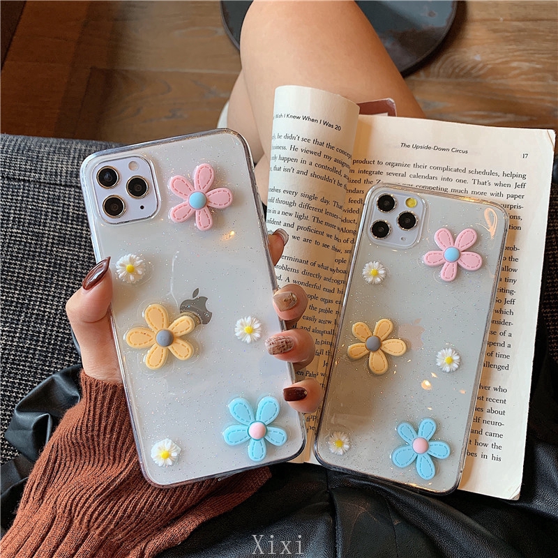 Casing Realme 7 Pro C15 C11 6 Pro 6i 5i 5 5s 5 Pro XT X2 C3 C1 2Pro Daisy Flower Clear Silicone Soft Case Fashion 3D Phone Case Epoxy Glitter Phone Case Shockproof Anti-fall Protective Back Cover