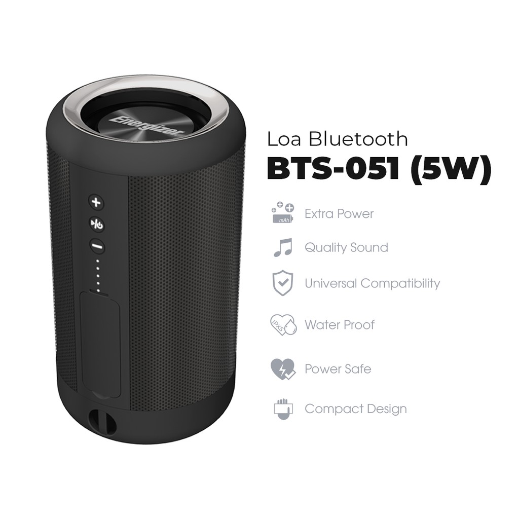 Loa Bluetooth Energizer BTS 051 - 5W, tích hợp pin dự phòng, bluetooth V4.2, kháng nước IPX5 - Hàng chính hãng