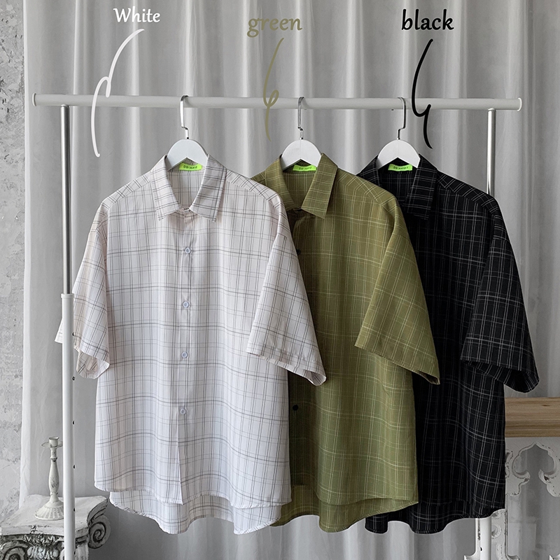 Áo Sơ Mi Nam Tay Ngắn Màu Trơn Họa Tiết Kẻ Sọc Caro Phong Cách Hàn Quốc