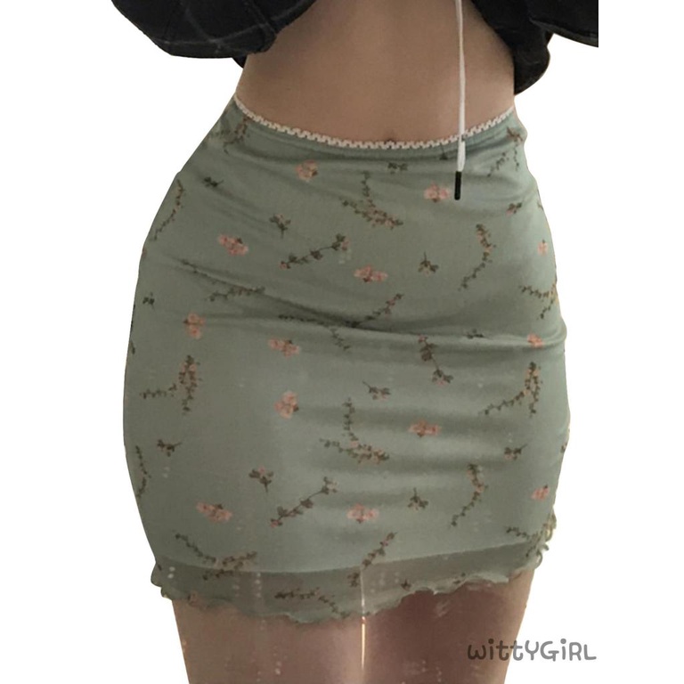 W[]-Women´s Mesh Bodycon Mini Skirt, Vintage Floral Print High Waist Lettuce Trim Short Pencil Skirt
