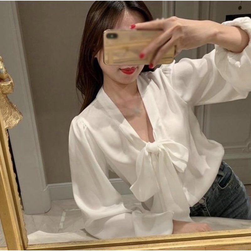 Áo sơ mi kiểu nữ tay dài phồng phối nơ ngực trắng tiểu thư - Order taobao quảng châu