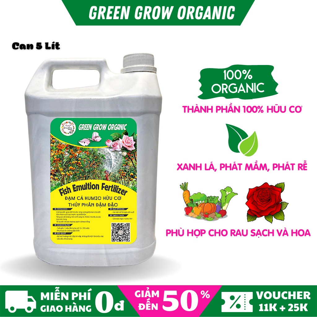 Phân đạm cá Fish Emulsion Green Grow Organic, can 5 lít, đạm cá hữu cơ kích rễ mạnh to cành MS134