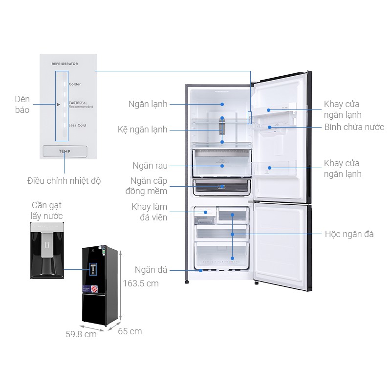 Tủ lạnh Electrolux 308L,2 cánh,ngăn đá dưới,lấy nước ngoài,ngăn đông mềm EBB3442K-H