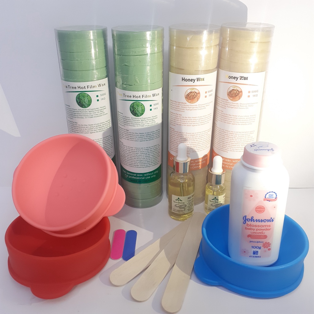 set wax sáp khoanh:500g sáp khoanh + chén silicon + mỡ trăn +  phấn rôm 100g Johnson baby (tặng que sáp + đồ dũa móng)